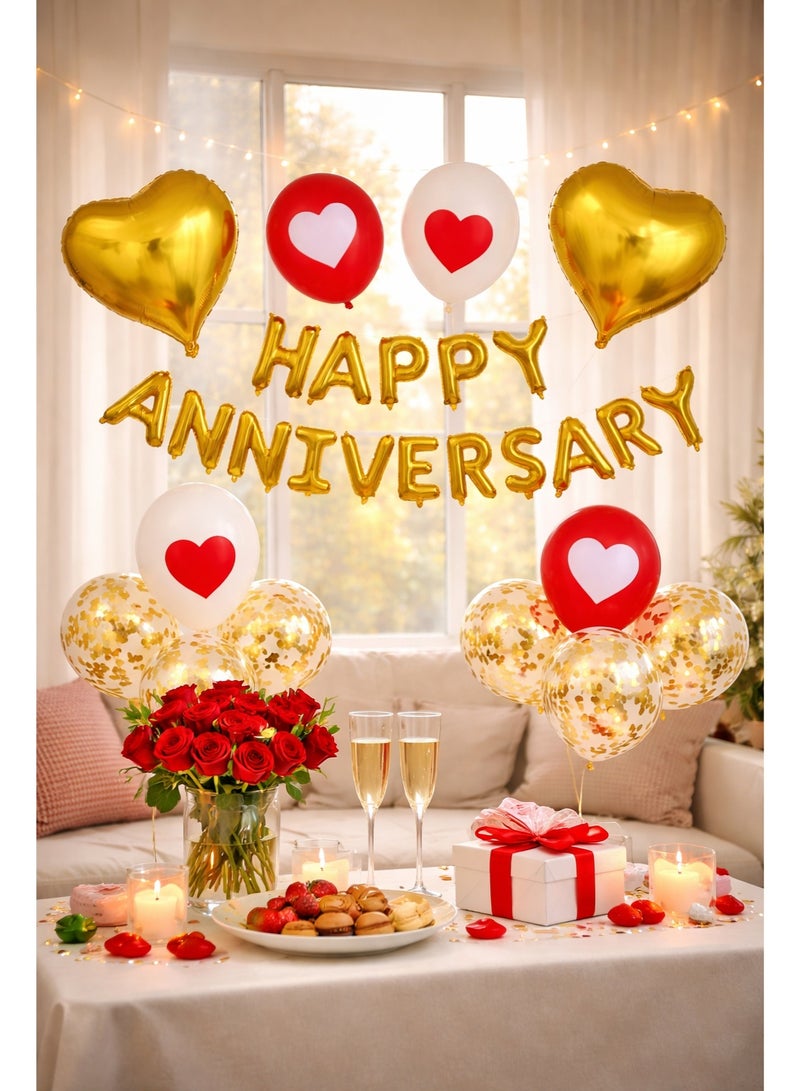 مجموعة بالونات لافتة من رقائق الذهب للاحتفال بالذكرى السنوية السعيدة مقاس 16 بوصة - بالونات على شكل قلب وبالونات ذهبية صغيرة لتزيين حفلات الذكرى السنوية - Image 3